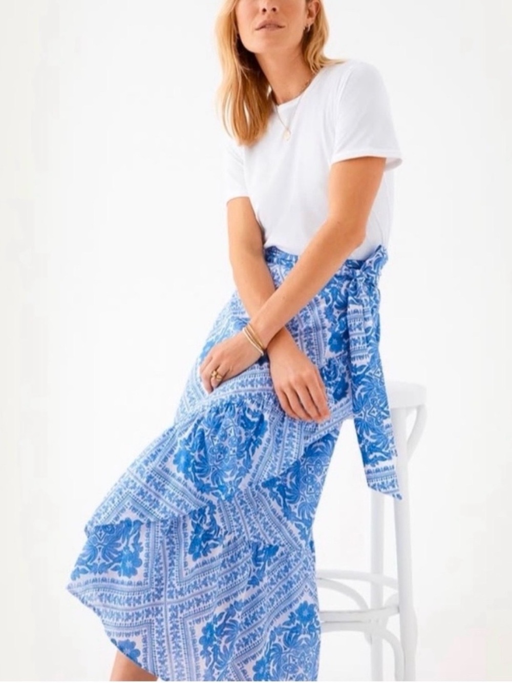 Vineyard Vines Mila FauxWrap Maxi Skirt M Katama Tile Blue Cotton Coastal Resort